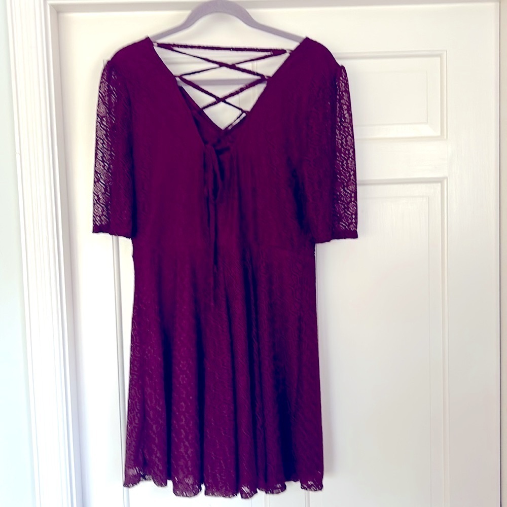 Songwriter Lace Dress Western Boho Burgundy Red Lace Up Mini Dress XL - Picture 7 of 8